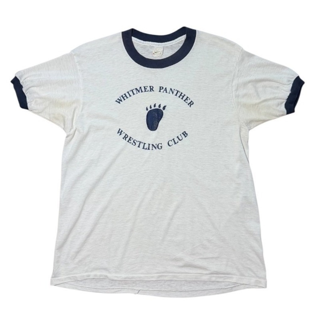 Vintage 70s Whitmer Panther Ohio USA Wrestling Club Navy Sports Ringer T-shirt